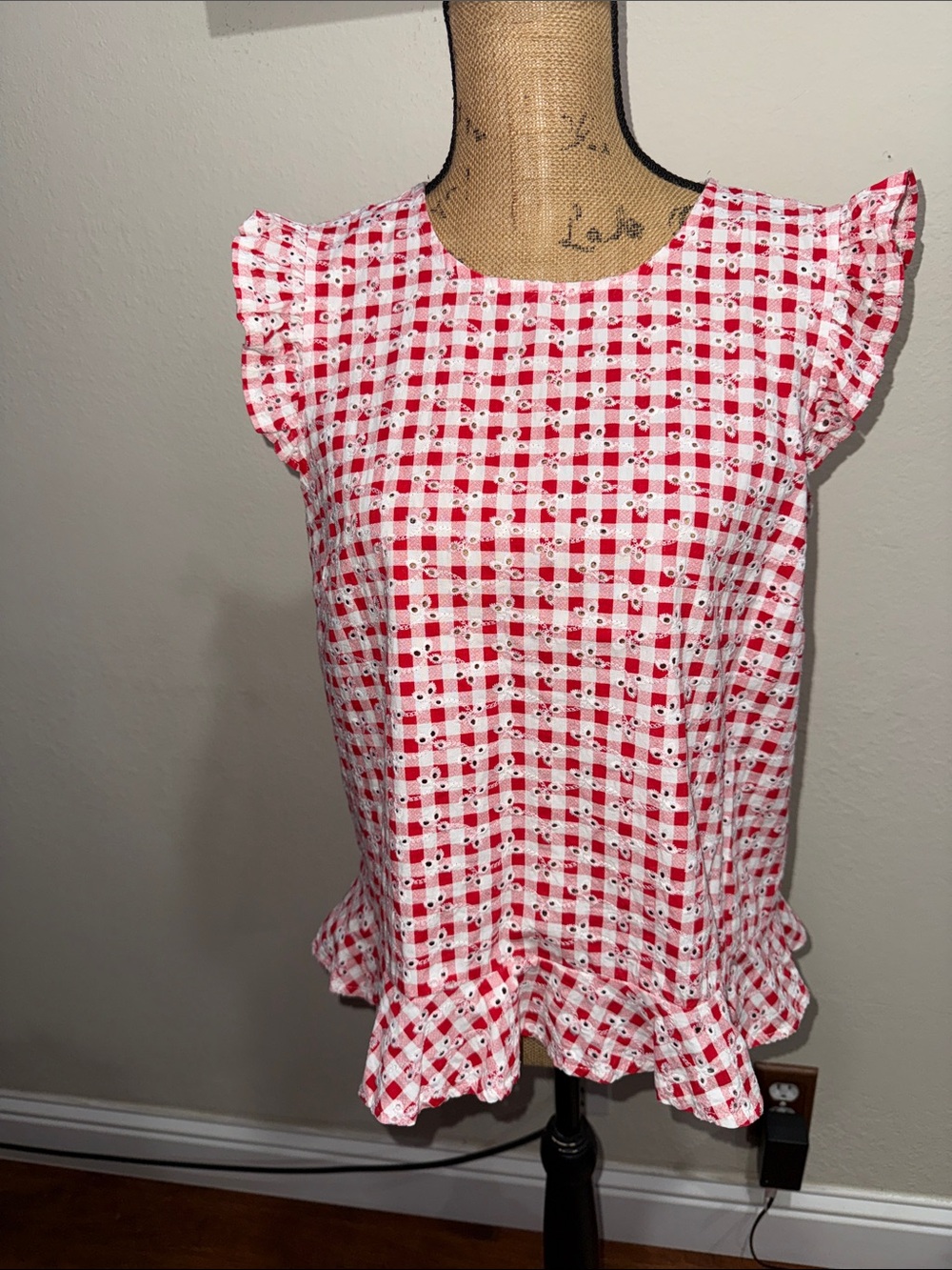 Solitaire Red and White Gingham Ruffle Sleeve Blouse